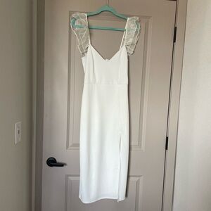 Lulu’s Angelic Appearance White Ruffled Midi Bridal Dress, Size Medium